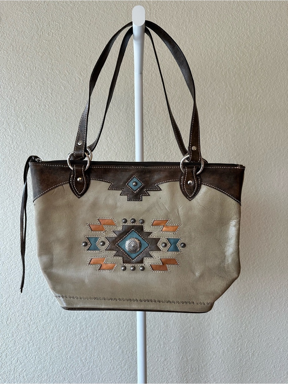 American West southwestern western native inspired brown taupe leather tote bag